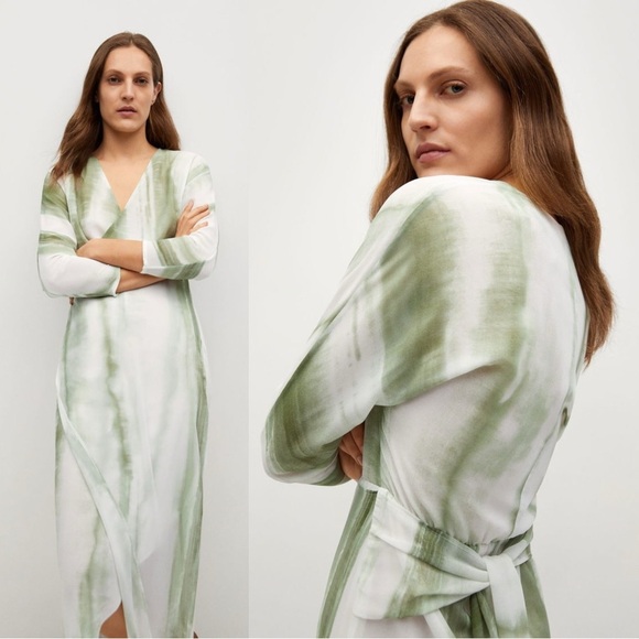 MNG Wrap Tie Dye Midi Dress V Neck Long Sleeve Pastel Green Medium - Picture 1 of 9